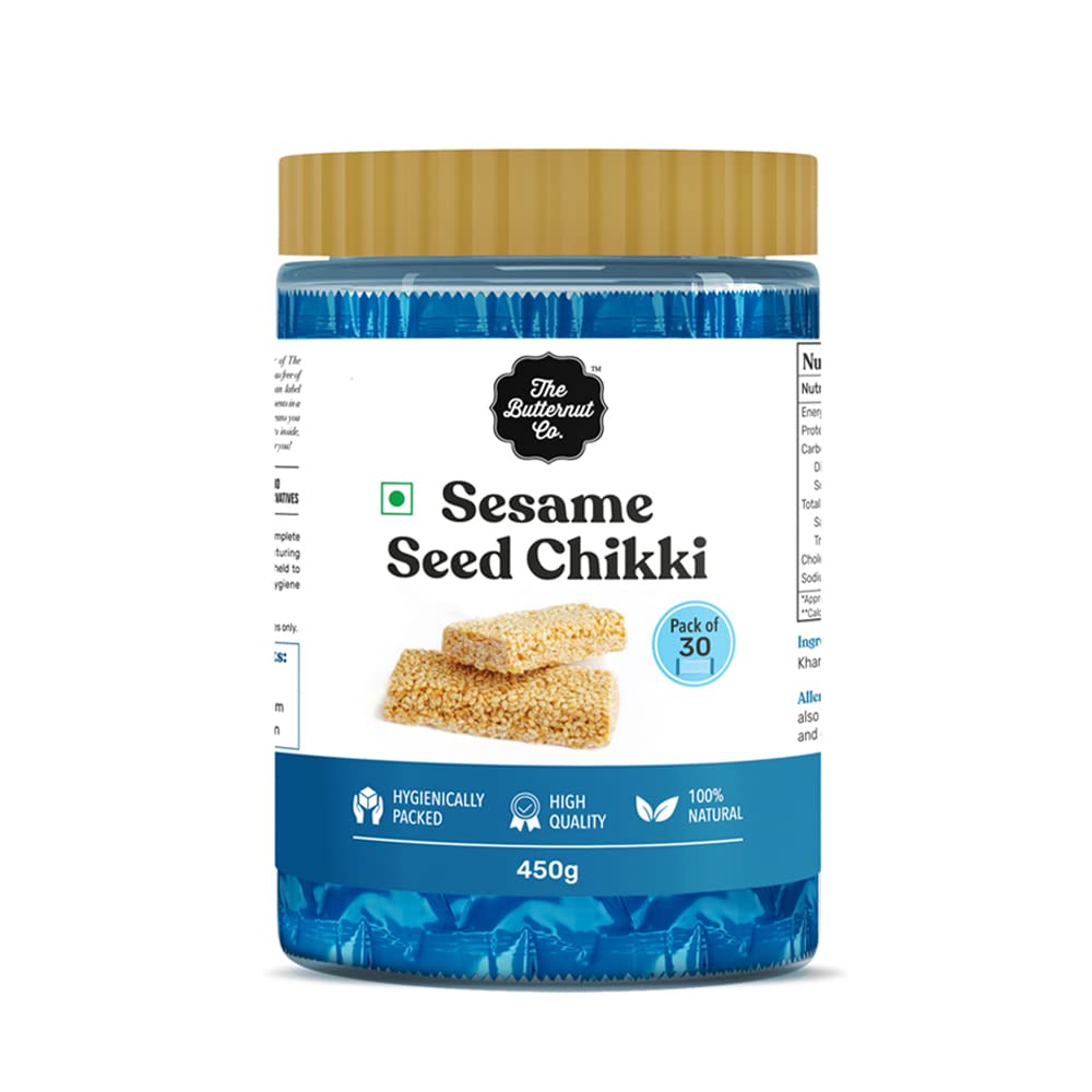 The Butternut Co. Sesame Seed Chikki | Natural | High Protein & Fibre | Gluten Free | Vegan | Pack of 30 (15g Each)