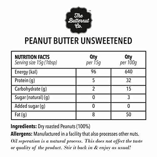 The Butternut Co. Natural Peanut Butter (Crunchy) 340g | Unsweetened | 32g Protein | No Added Sugar | 100% Peanuts | No Salt | High Protein Peanut Butter | Gluten Free | Vegan | Cholesterol Free