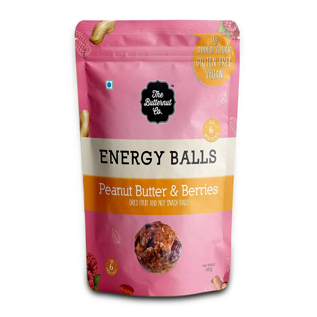 The Butternut Co. Energy Balls Peanut Butter & Berries - Dates, Dried Fruit & Nut Snack Balls 288g (Pack of 6) 100% Natural, No Sugar, Vegan, No Preservatives, Clean Label