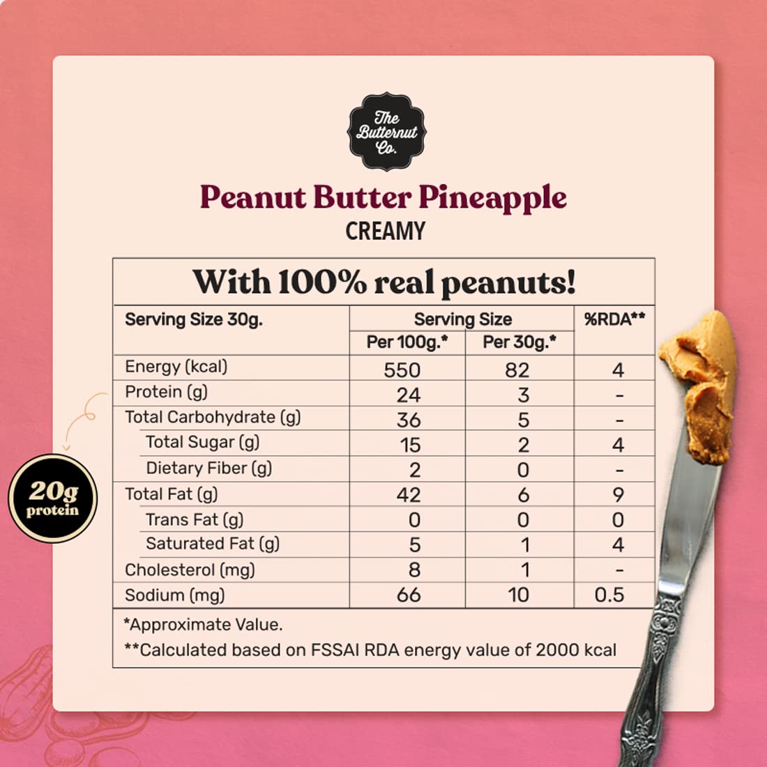 The Butternut Co. Pineapple Peanut Butter (Creamy) 340g | 24 g Protein | No Refined Sugar | Natural | Gluten Free | Cholesterol Free | No Trans Fat
