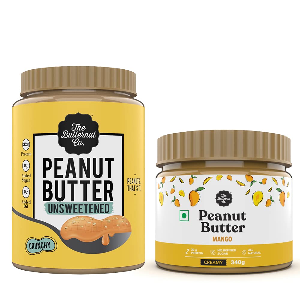 The Butternut Co. Natural Peanut Butter (Crunchy) 1kg & Mango Peanut Butter (Creamy) 340g | No Refined Sugar | Natural | Gluten Free | Cholesterol Free | No Trans Fat | High Protein Peanut Butter