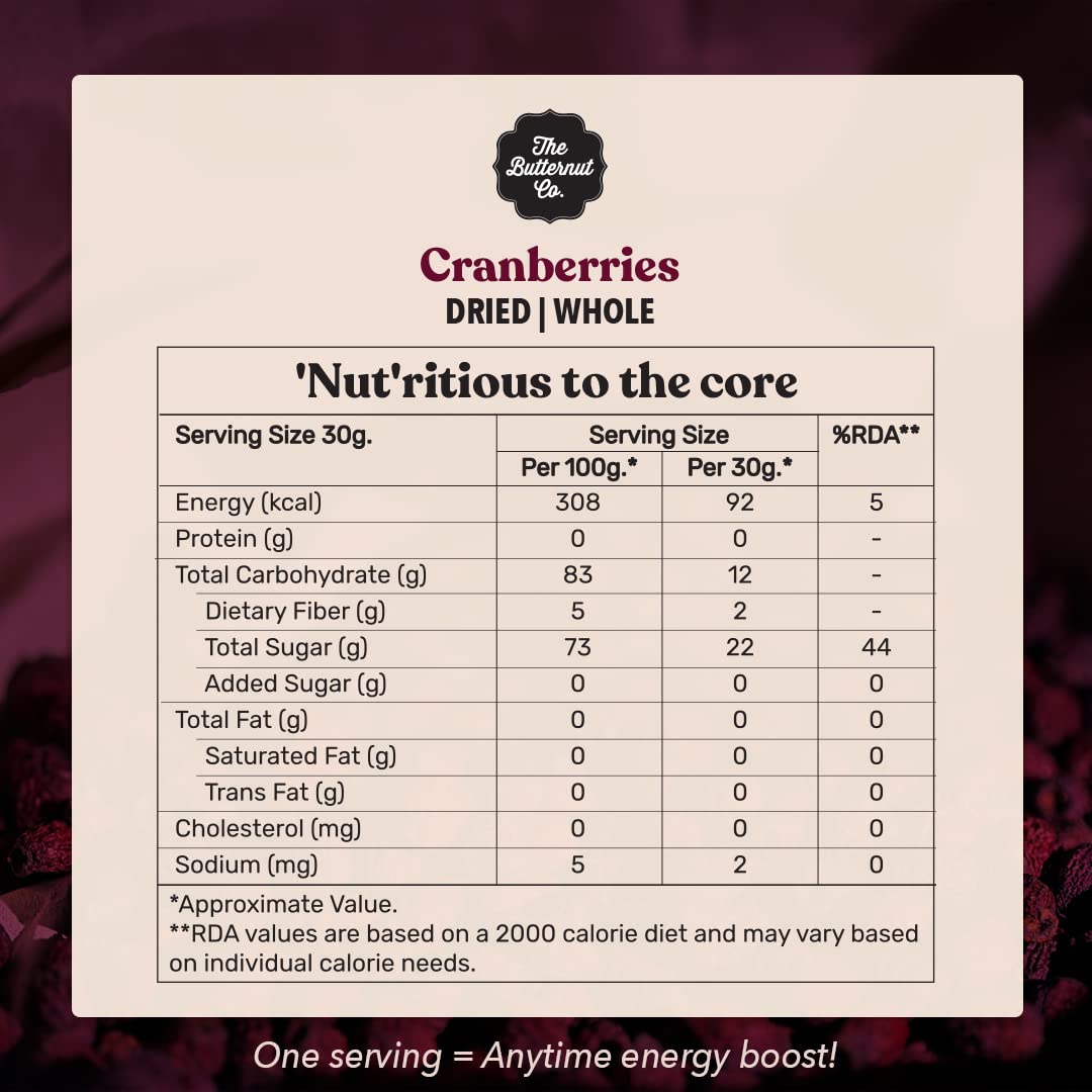 The Butternut Co. Dried Whole Cranberries 200g | 100% Natural | High Fiber | Gluten Free | Superfood| Exotic Berries