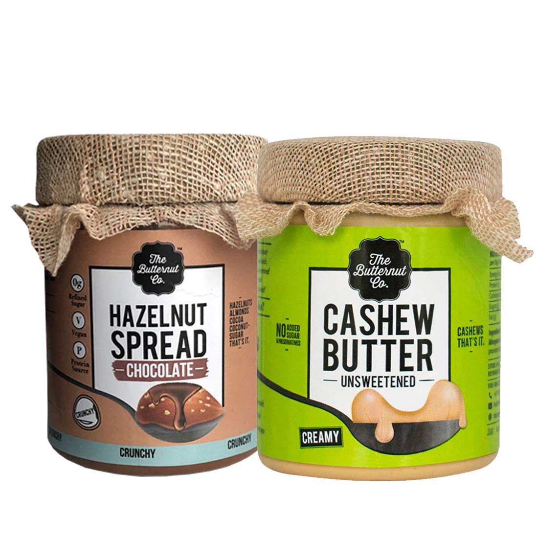 The Butternut Co. Cashew Butter Unsweetened & Chocolate Hazelnut Spread, 200 gm Each - Pack of 2 (No Added Sugar, Vegan, High Protein, Keto)