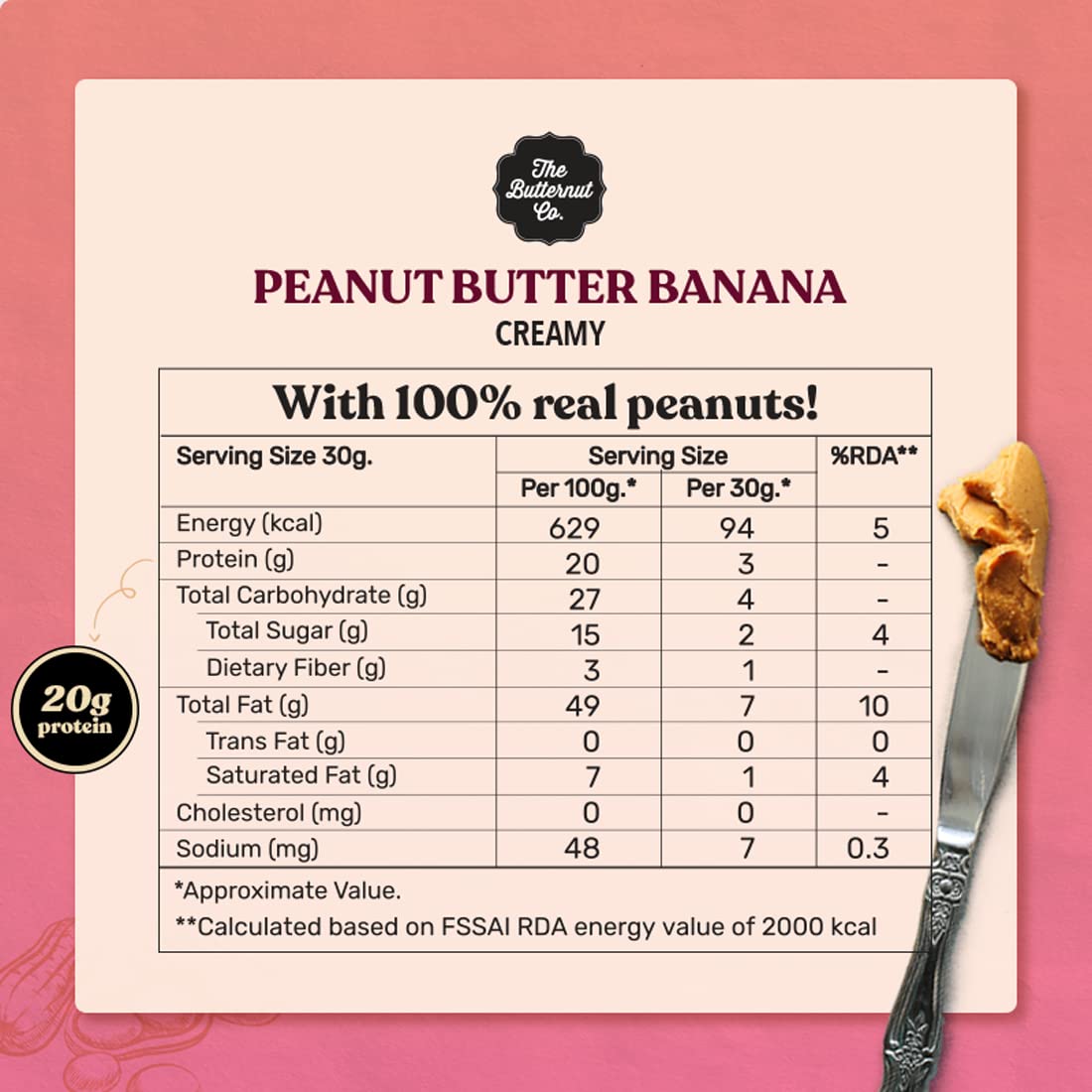 The Butternut Co. Banana Peanut Butter (Creamy) 340g | 20 g Protein | No Refined Sugar | Natural | Gluten Free | Cholesterol Free | No Trans Fat
