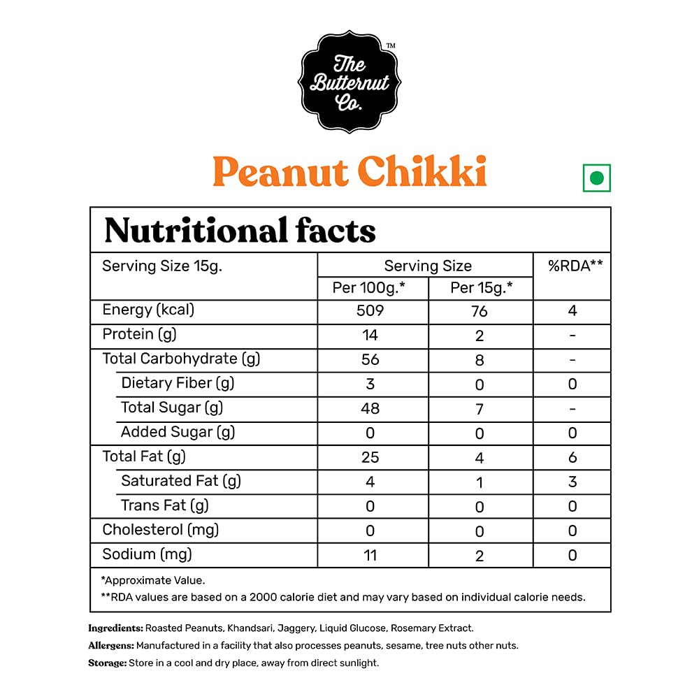 The Butternut Co. Peanut Chikki | Natural | High Protein & Fibre | Gluten Free | Vegan | Pack of 30 (15g Each)