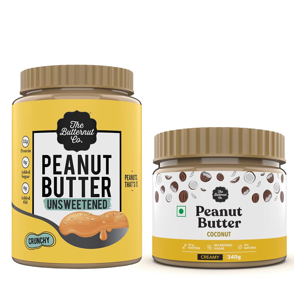 The Butternut Co. Natural Peanut Butter (Crunchy) 1kg & Coconut Peanut Butter (Creamy) 340g | No Refined Sugar | Natural | Gluten Free | Cholesterol Free | No Trans Fat | High Protein Peanut Butter