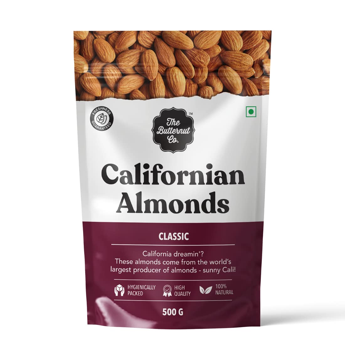 The Butternut Co. Natural California Almonds 500g | 100% Natural | High Protein & High Fiber | Gluten Free | Whole Natural Badam