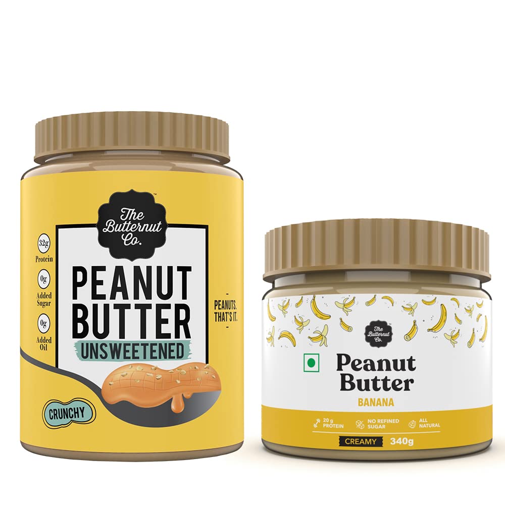 The Butternut Co. Natural Peanut Butter (Crunchy) 1kg & Banana Peanut Butter (Creamy) 340g | No Refined Sugar | Natural | Gluten Free | No Cholesterol | No Trans Fat | High Protein Peanut Butter