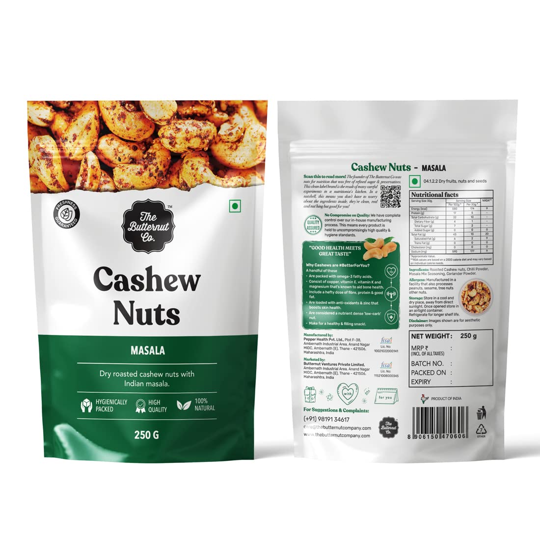 The Butternut Co. Cashew Nuts Masala - 250gm| 100% Natural | High Protein & Fibre | Gluten Free | Vegan