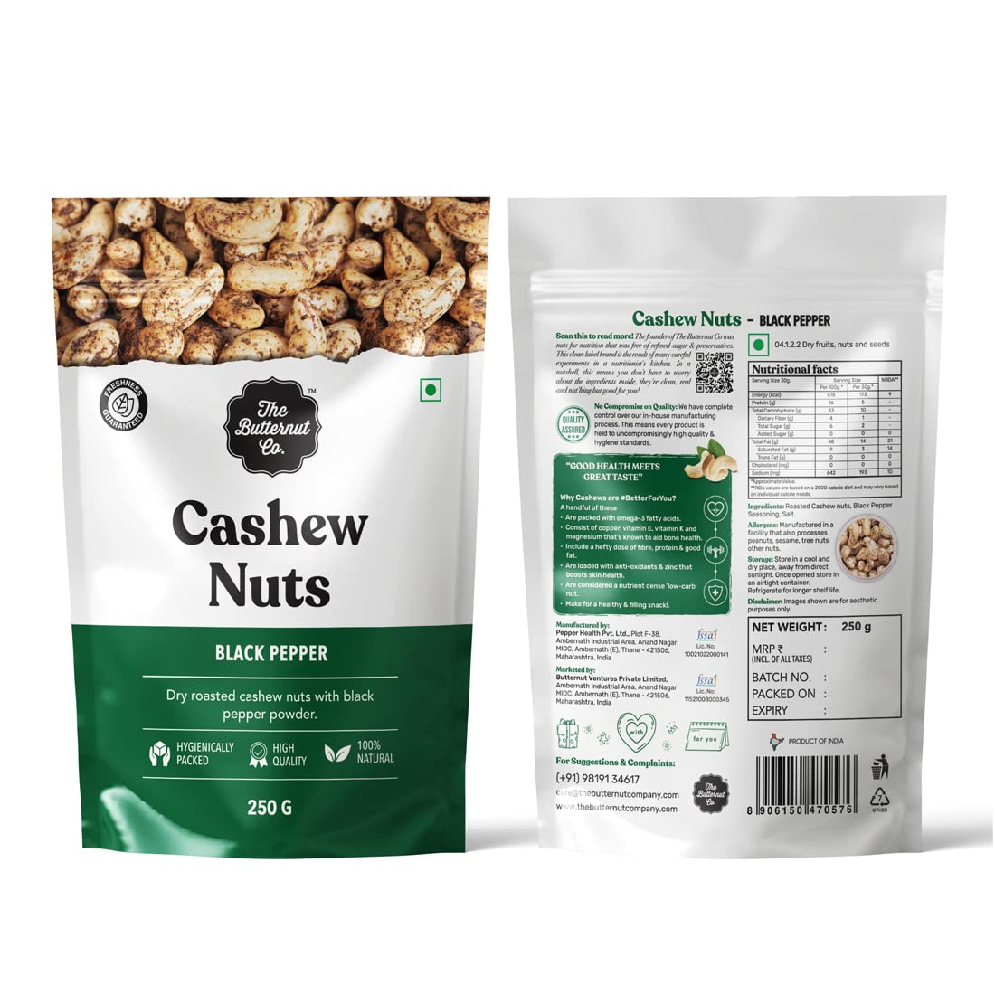The Butternut Co. Cashew Nuts - Black Pepper - 250g | 100% Natural | High Protein & Fibre | Gluten Free | Vegan