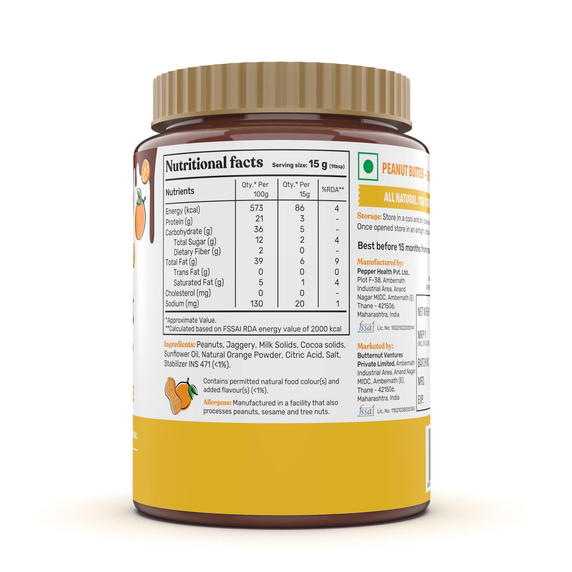 The Butternut Co. Chocolate Orange Peanut Butter (Creamy) 925g | 21 g Protein | No Refined Sugar | Natural | Gluten Free | Cholesterol Free | No Trans Fat