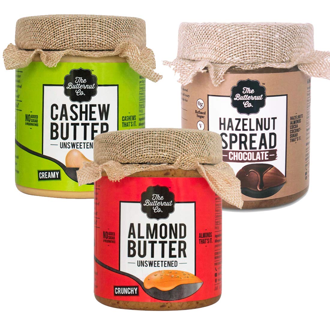 The Butternut Co. Cashew Butter Unsweetened, Almond Butter Unsweetened Crunchy & Chocolate Hazelnut Spread Creamy, 200 gm each - Pack of 3 (No Added Sugar, Vegan, High Protein, Keto)