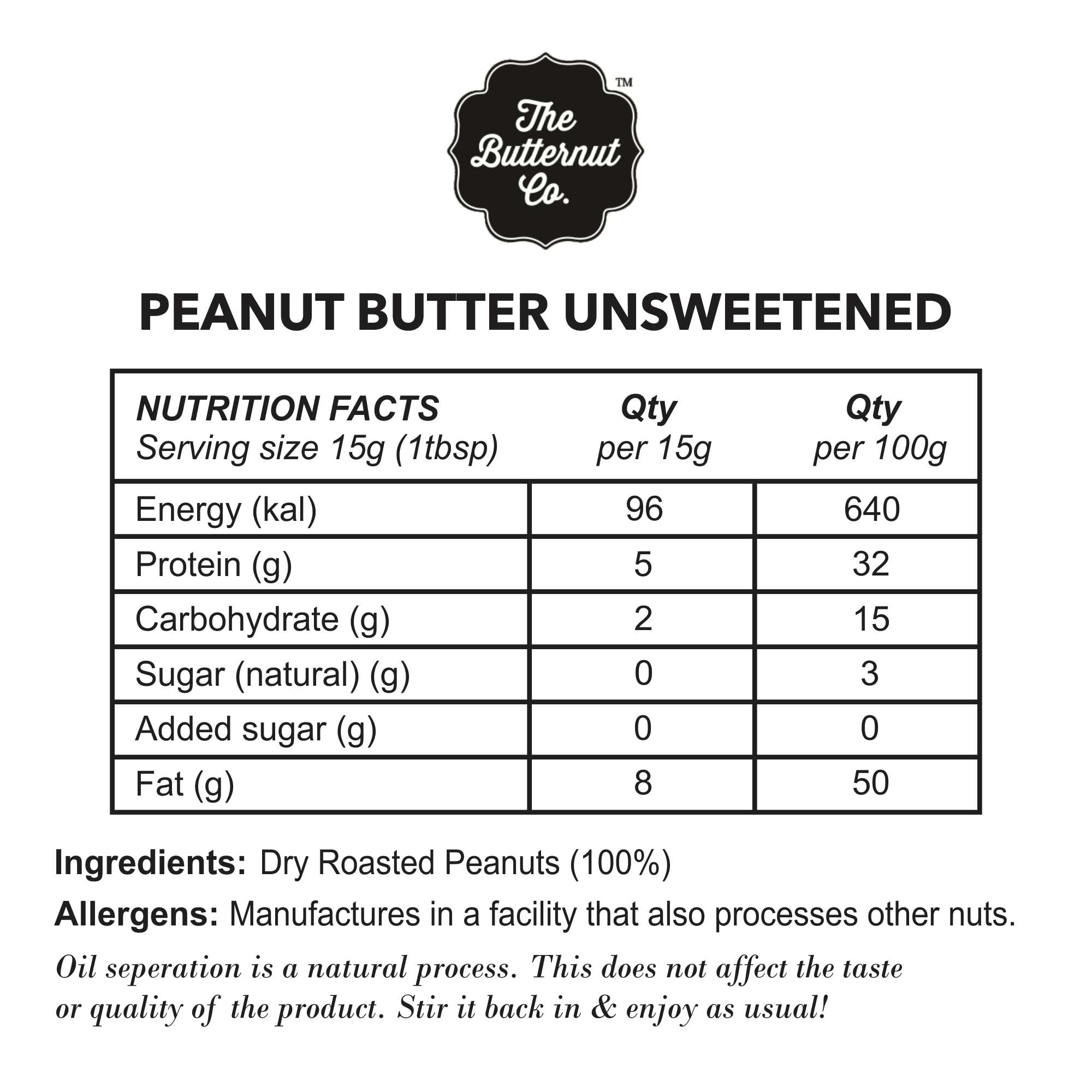 The Butternut Co. Natural Peanut Butter (Creamy) 800 gm, Unsweetened, 32g Protein, No Added Sugar, 100% Peanuts, No Salt, High Protein Peanut Butter, Gluten Free, Vegan, Cholesterol Free