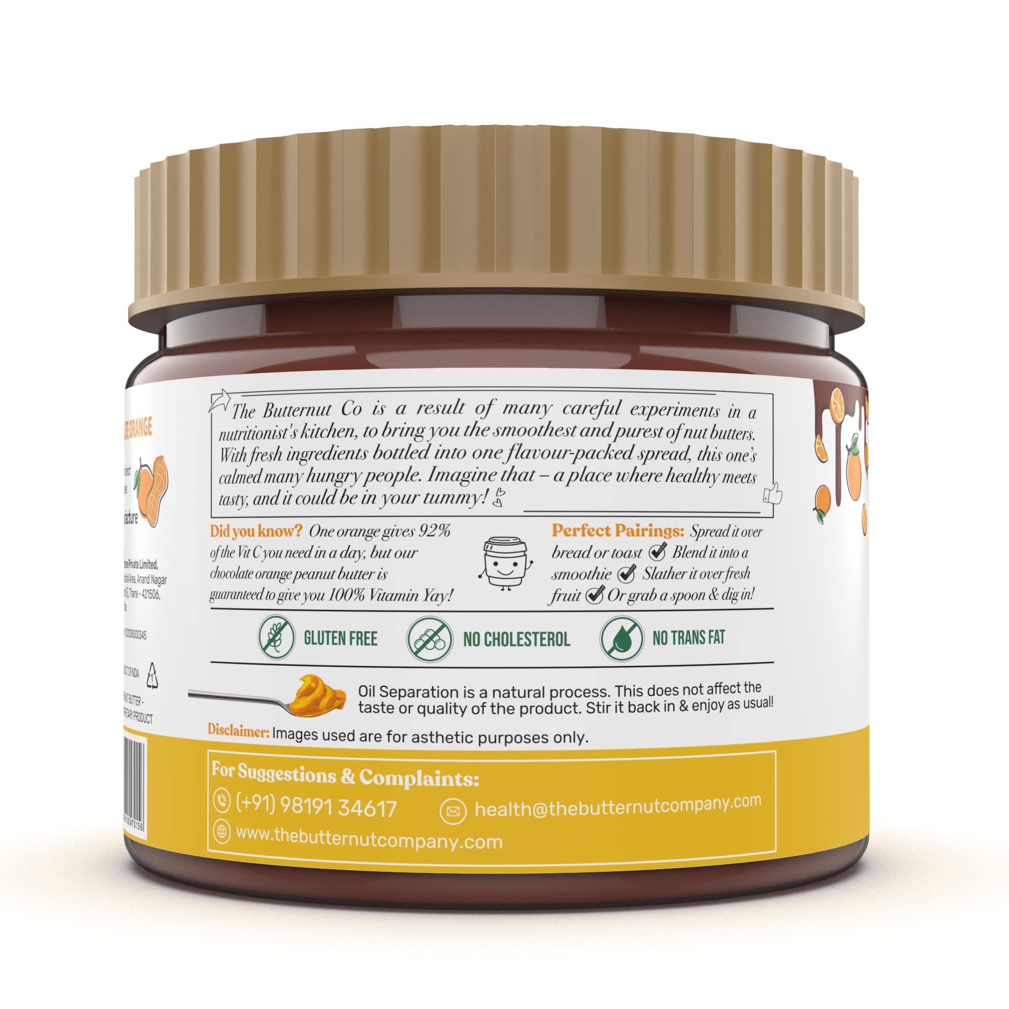 The Butternut Co. Chocolate Orange Peanut Butter (Creamy) 340g | 21 g Protein | No Refined Sugar | Natural | Gluten Free | Cholesterol Free | No Trans Fat