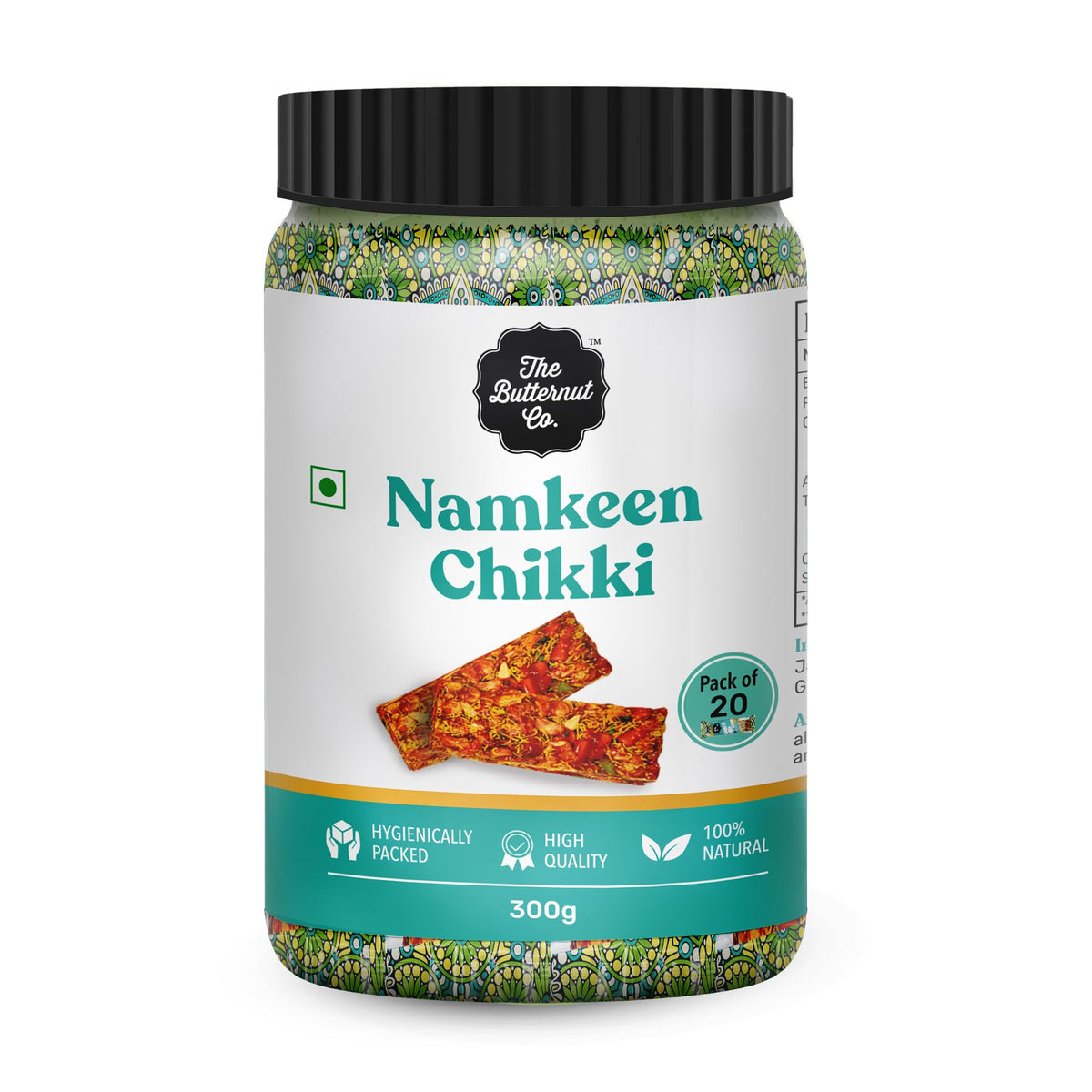 The Butternut Co. Namkeen Chikki, Rich in Protein, Healthy and Crunchy Snacks, Sweet and Spicy Flavour - 300g (15 g x 20 Chikki)