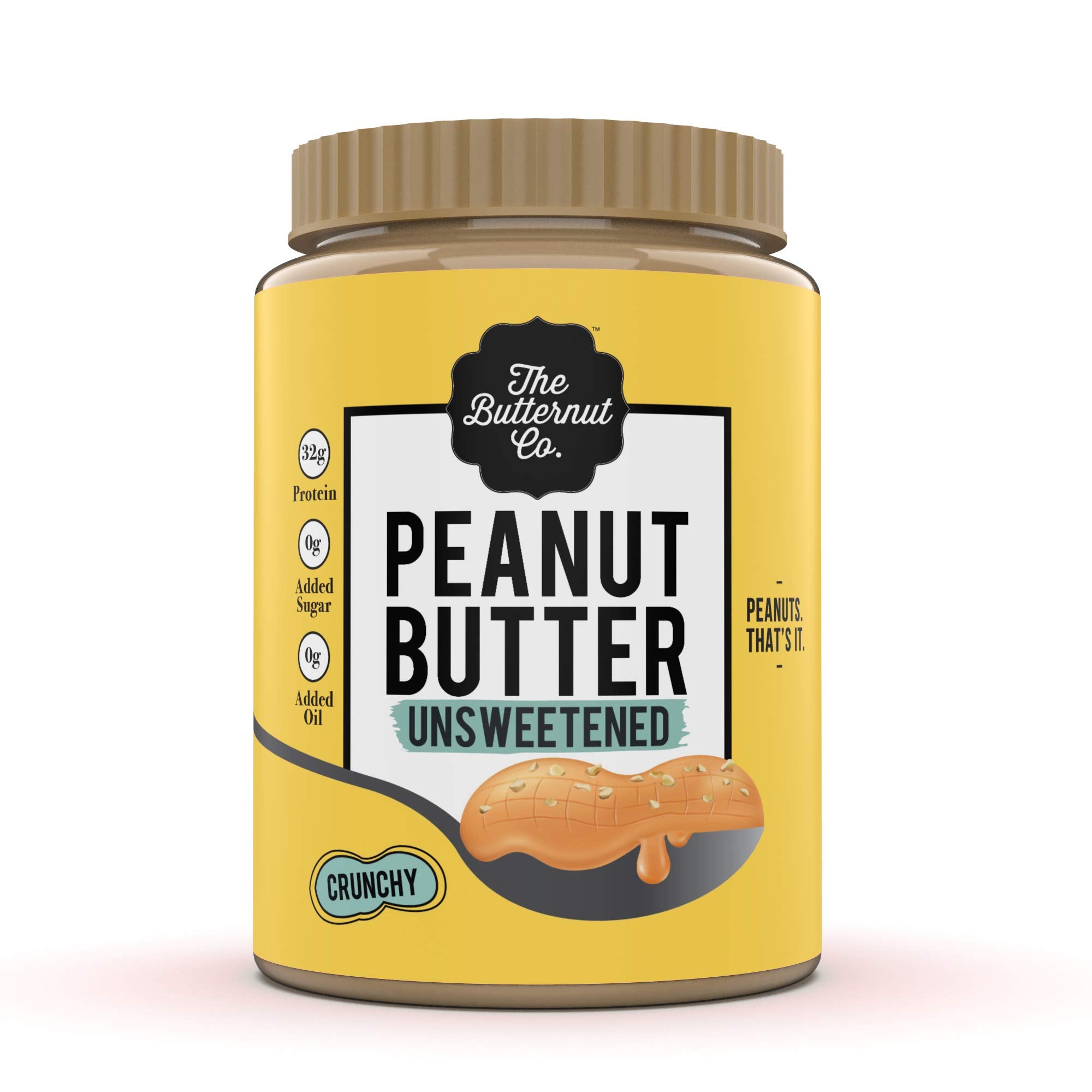 The Butternut Co. Natural Peanut Butter (Crunchy) 800 gm, Unsweetened, 32g Protein, No Added Sugar, 100% Peanuts, No Salt, High Protein Peanut Butter, Gluten Free, Vegan, Cholesterol Free