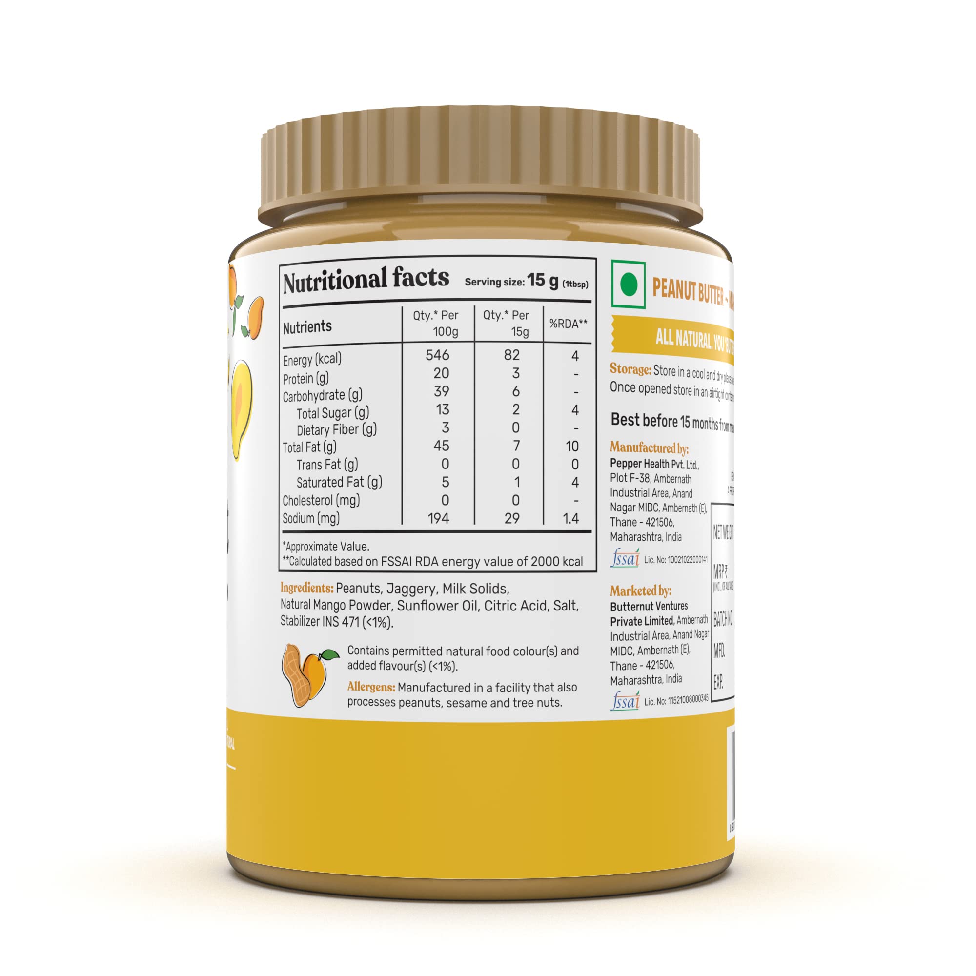 The Butternut Co. Mango Peanut Butter (Creamy) 925g | 20 g Protein | No Refined Sugar | Natural | Gluten Free | Cholesterol Free | No Trans Fat