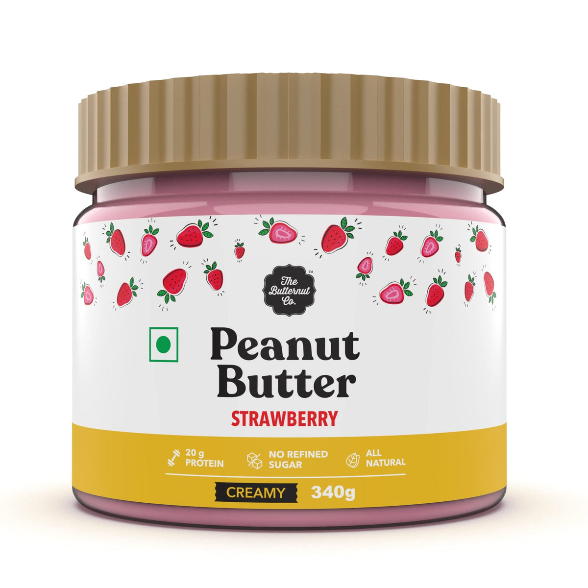 The Butternut Co. Strawberry Peanut Butter (Creamy) 340g | 20 g Protein | No Refined Sugar | Natural | Gluten Free | Cholesterol Free | No Trans Fat