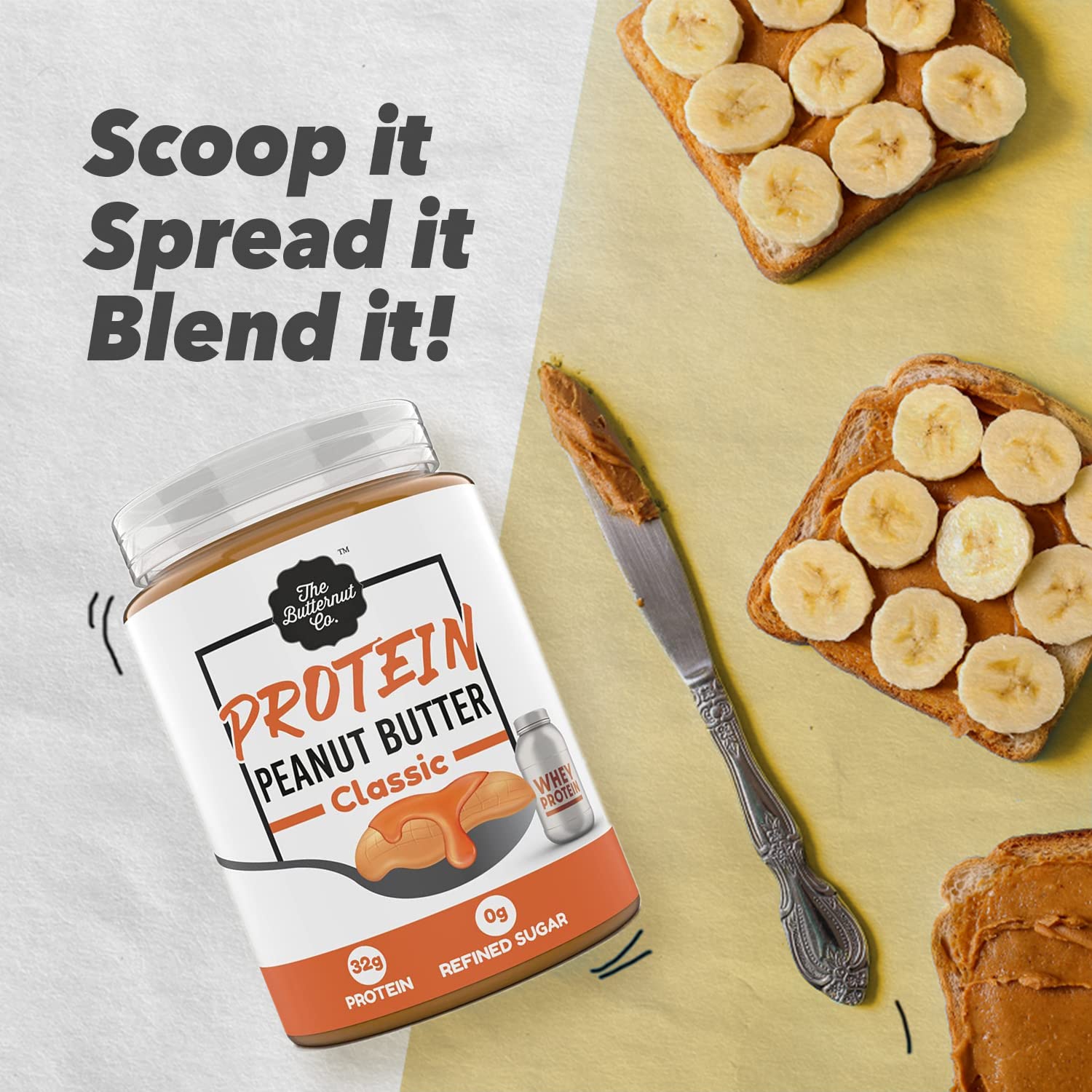 The Butternut Co. Protein Peanut Butter Classic, Creamy 925 Gm (32G Protein, No Refined Sugar, Whey Protein Isolate)