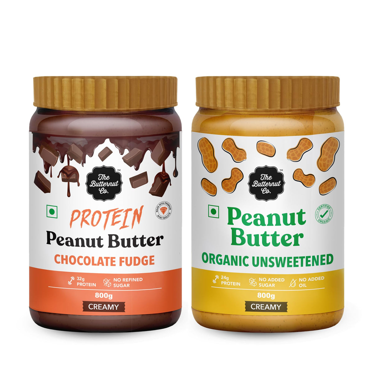 The Butternut Co. Protein Chocolate Fudge Peanut Butter Creamy 800g & Organic Unsweetened Peanut Butter Creamy 800g - 1.6kg Combo Value Pack