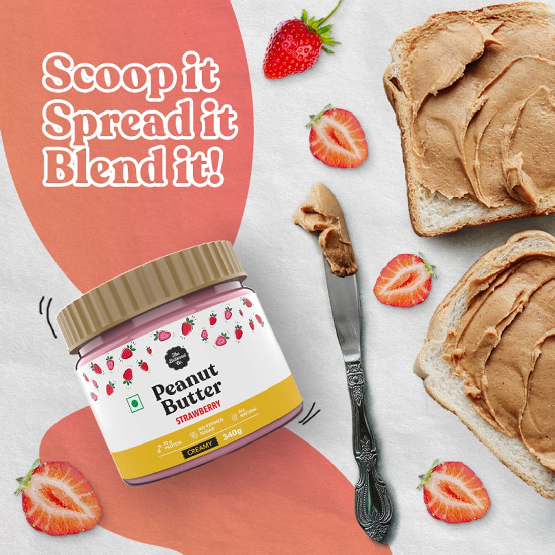The Butternut Co. Strawberry Peanut Butter (Creamy) 340g | 20 g Protein | No Refined Sugar | Natural | Gluten Free | Cholesterol Free | No Trans Fat